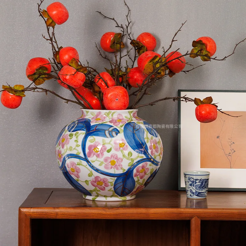 HYS Keramikvase, handbemalt, goldfarben bemalt, Vase für Wohnzimmer, Blumenarrangement, Heimdekoration, Schreibtischornament, Kunsthandwerk.