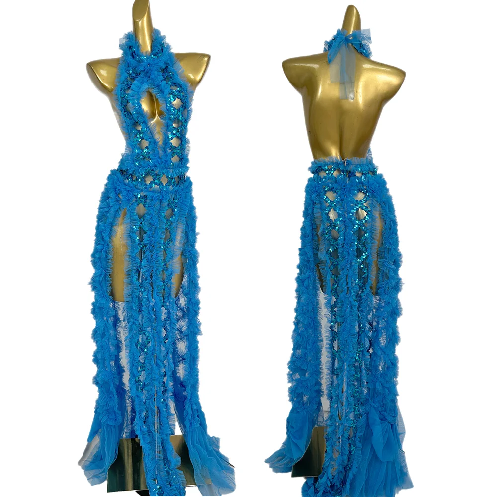 Abito lungo da ballo per feste con volant sexy con scollo all'americana e schiena scoperta, abito da sera con cut-out taglie forti, costumi da festival per club