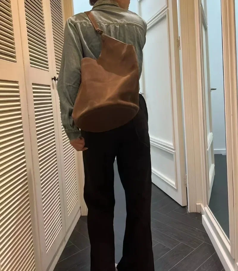Autumn Winter Vintage Suede Portable Bucket Bag 2024 New Minority Designer Genuine Leather Underarm Bags Large Capacity Tote Bag
