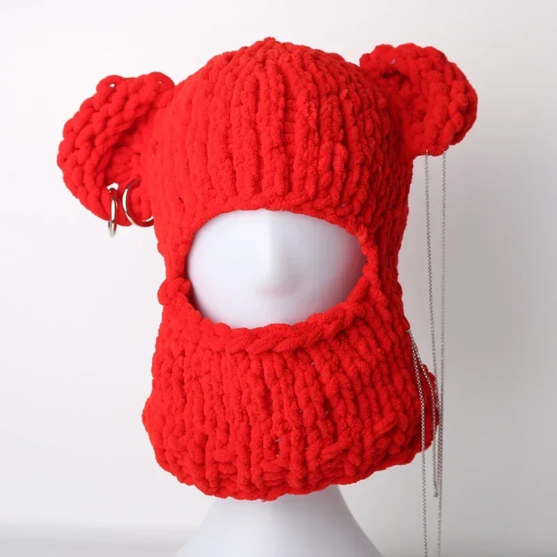 Novelty Bear Ear Balaclava Beanies Chain Outdoor Ski  Winter Hat for Women Ear Protection Knitted Hat