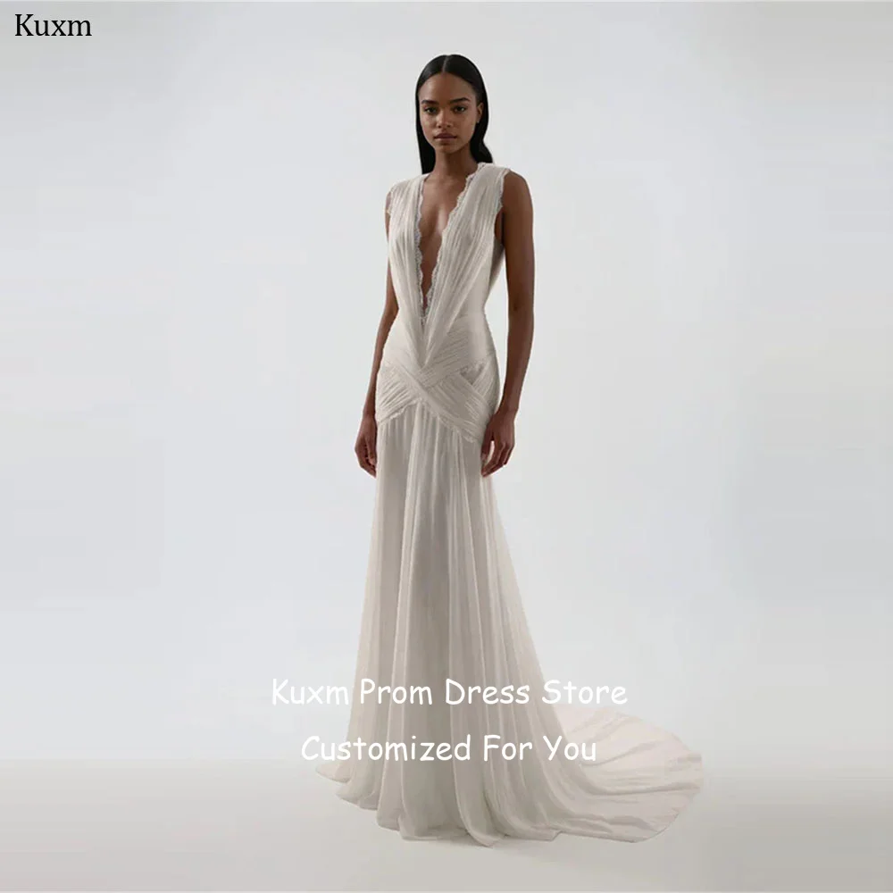 Kuxm Chiffon Wedding Dresses Bride V Neck Backless Formal Lace Vestidos De Novia Sleeveless Long Train Vintage Dress Customized