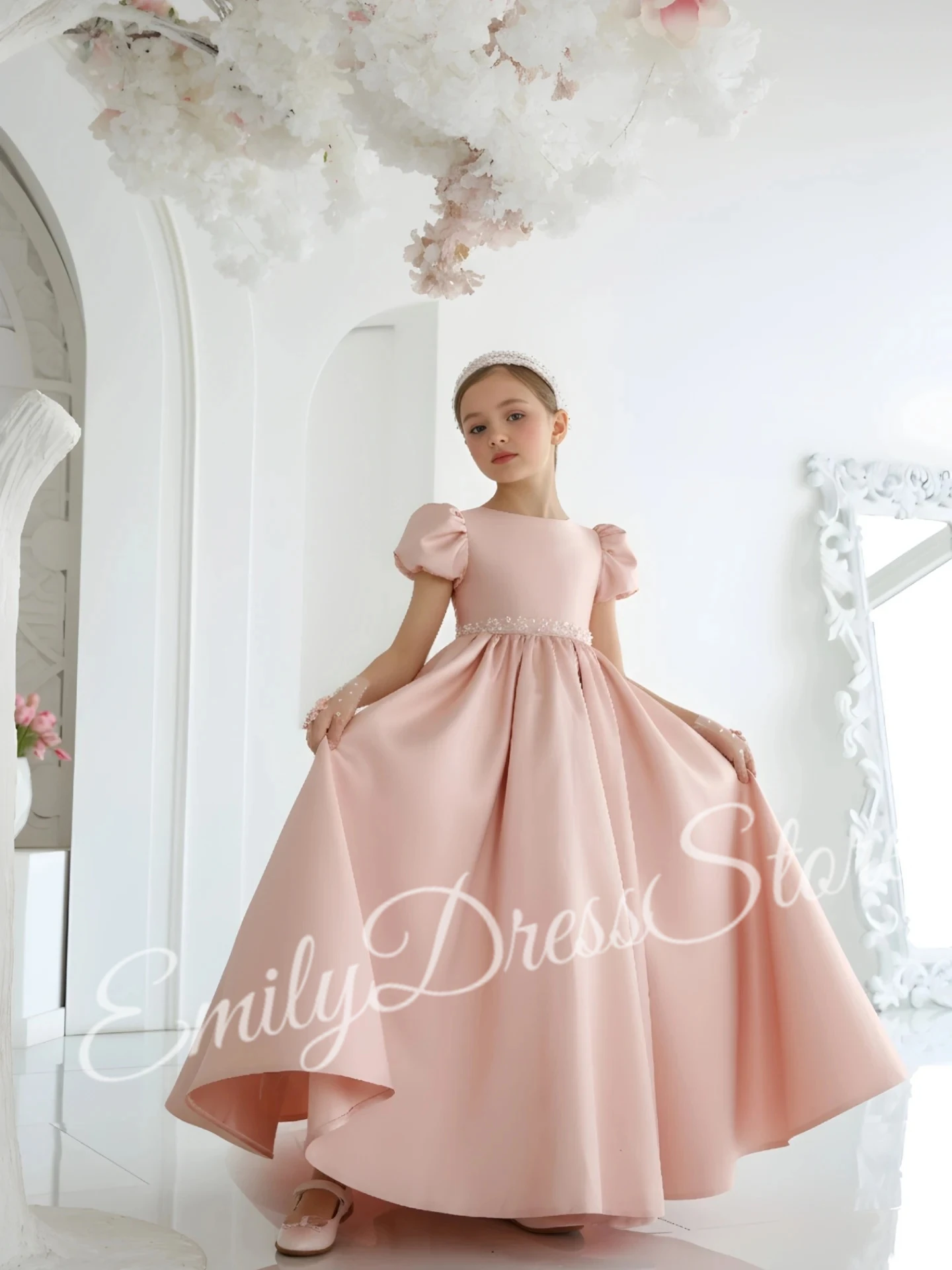 فستان فتاة الزهور الوردي المخصص لحفلات الزفاف مزين بالتر منتفخ مع عباءة لامعة لأعياد ميلاد الأطفال أول كرة مناولة #1