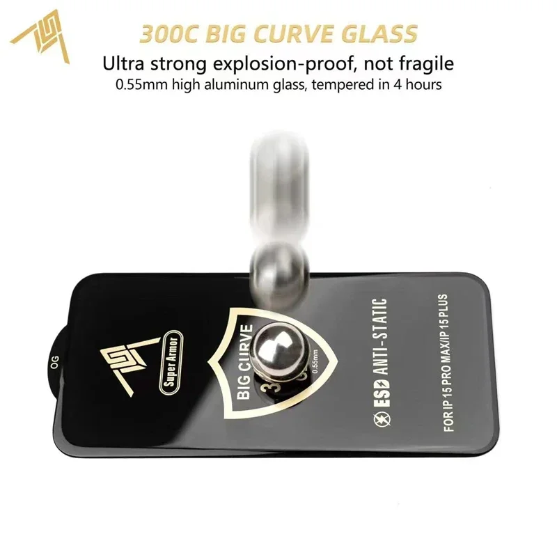 300CC منحنى كبير الزجاج المقسى آيفون 15 13 11 12 14 17 برو ماكس ESD مكافحة ساكنة حامي الشاشة آيفون 16 زائد X XR XS