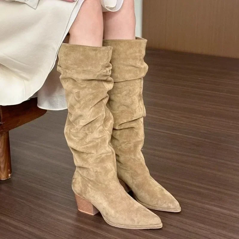 2024 Hot Selling Women\'s Shoes Spring and Autumn Fashion Pointed Toe Women\'s Boots Suede Square Heel High Women\'s Fashion Boots