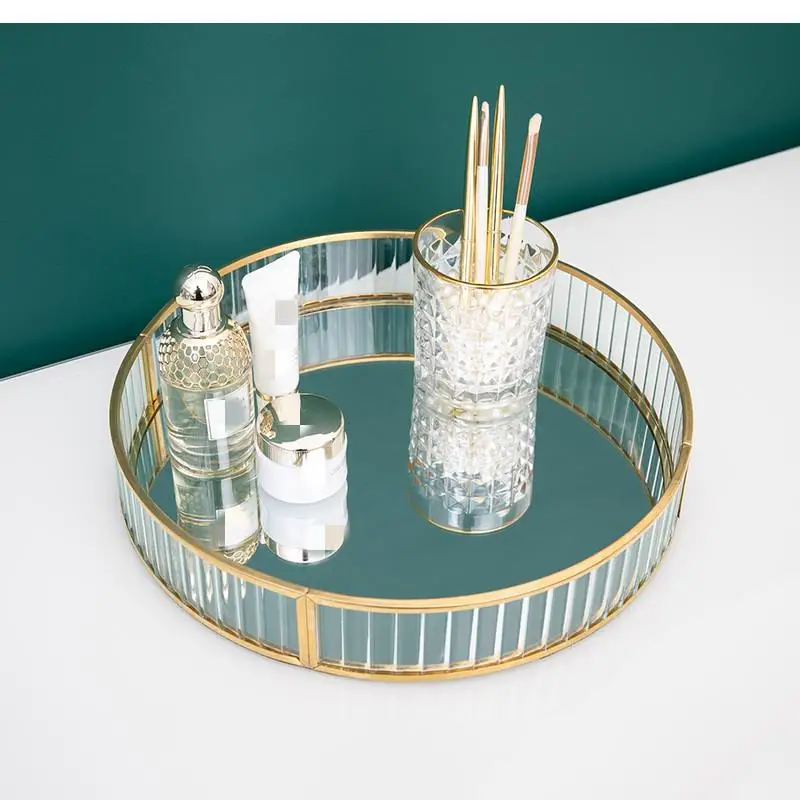 

Metal Mirror Transparent Glass Tray Round Cosmetic Storage Box Pantry Desktop Finishing Wedding Decoration Party
