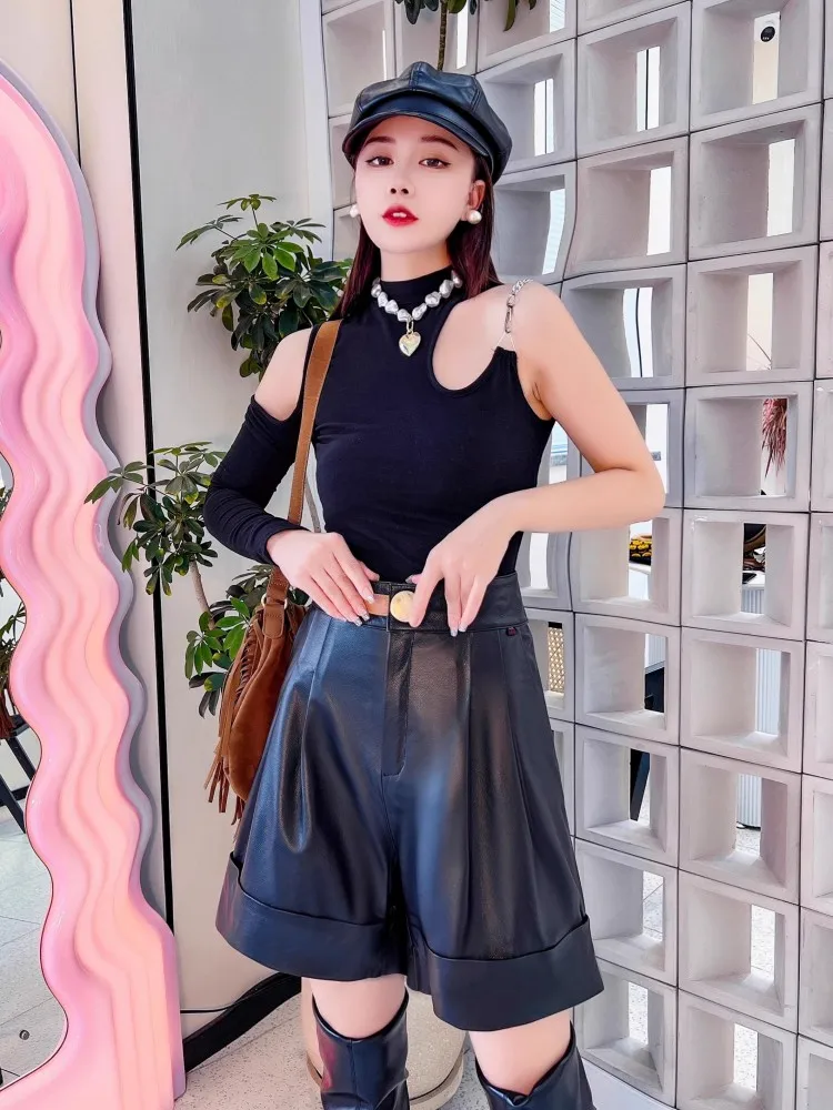 Fashion High Waist Women Wide Leg Shorts Streetwear Versatile Spring Summer Casual Punk Black Cowskin Genuine Leather Shorts