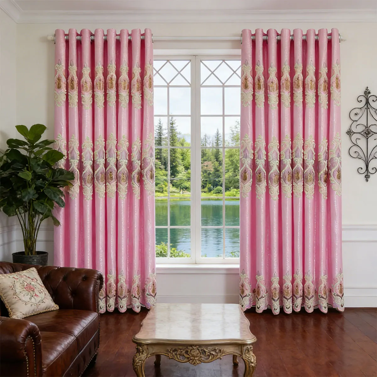 2 Panels Pink Satin Embroidered Blackout Curtains, European Vintage Floral Embroidery Eyelet Drapes Thermal Noise Block Window Curtain for Bedroom Living Room
