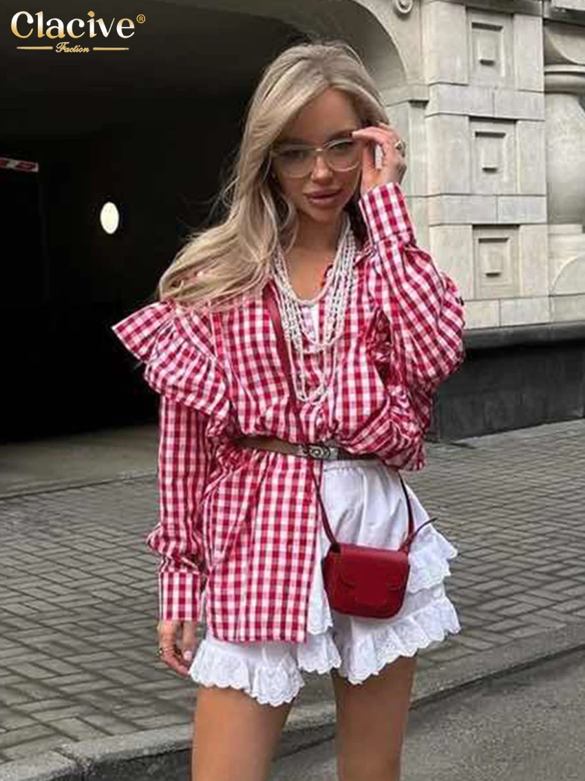 Clacive Fashion Loose Plaid Cotton Women Blouse 2024 Casual Lapel Long Sleeve Shirts Elegant Classic Ruffle Top Female Clothing