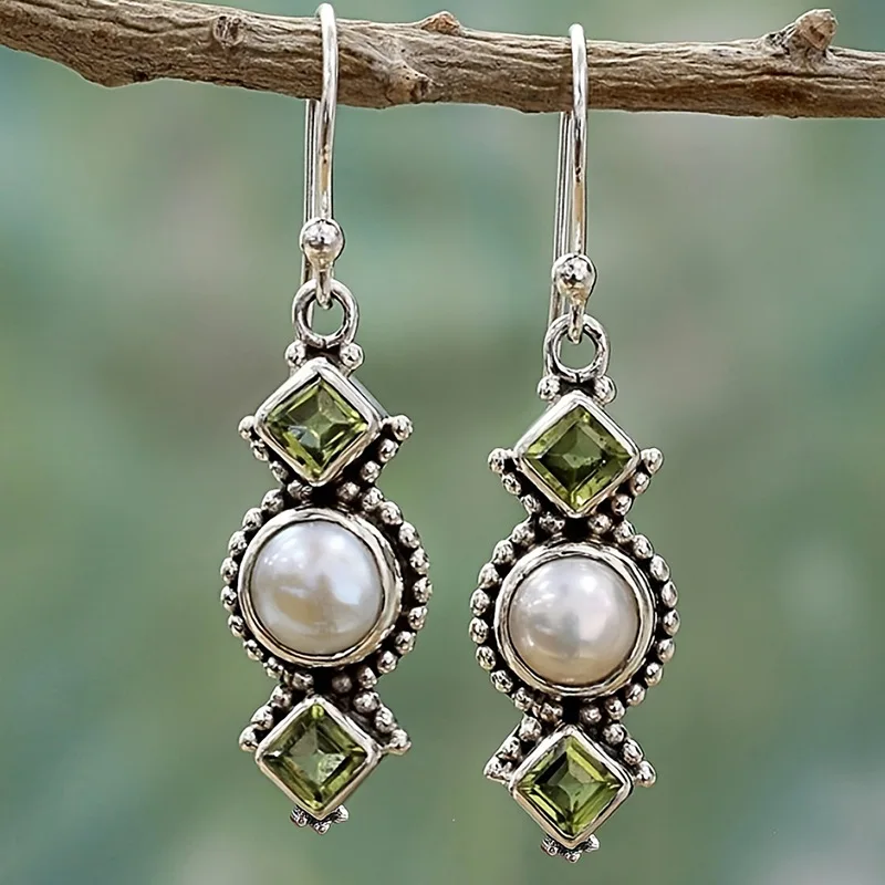 Pendientes de Plata Tailandesa Vintage con Perlas, Pendientes Largos Creativos con Circonita Cuadrada Verde Oliva para Mujer