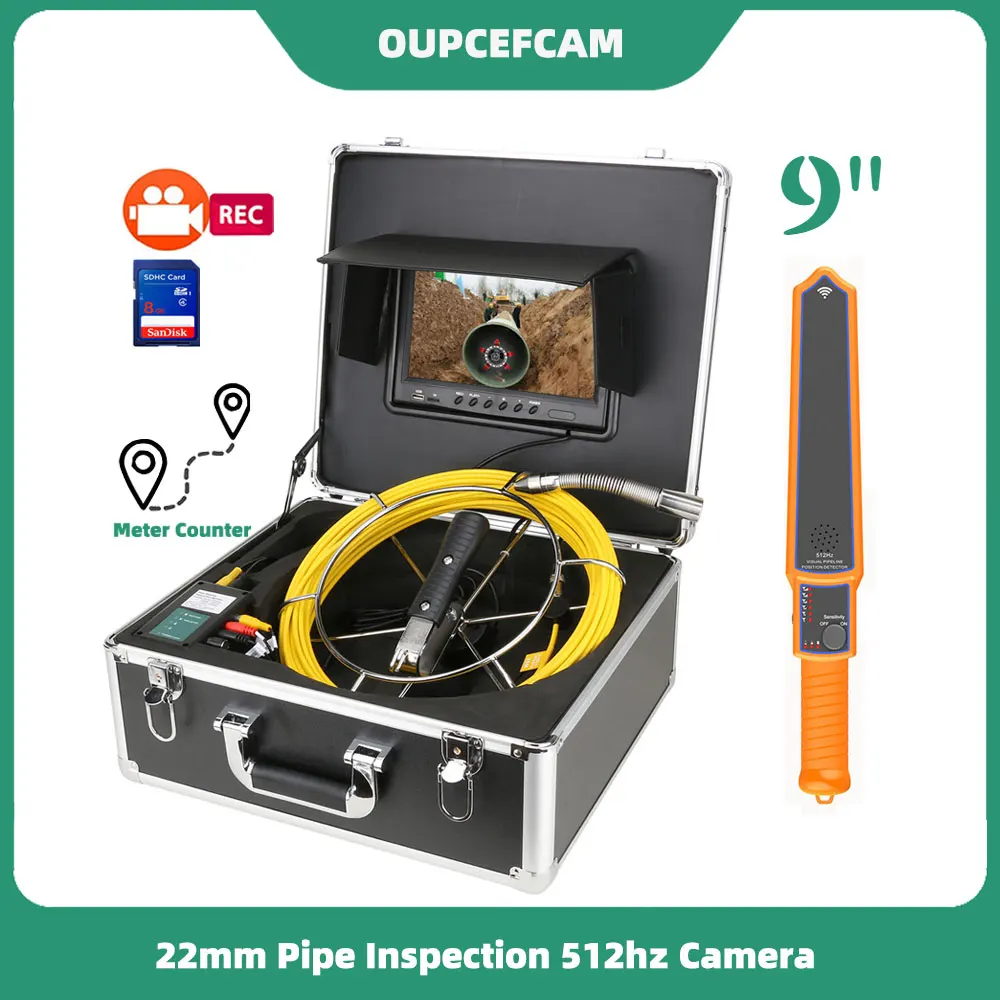 

9" Monitor DVR Sewer Pipe Inspection Video Camera Meter Counter Auto Self Leveling 512HZ Pipe Locator 22MM IP68 HD Camera