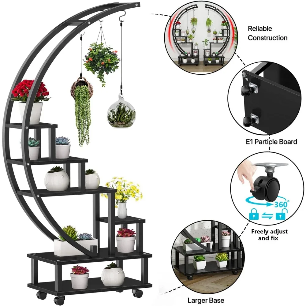حامل نبات داخلي معدني مع عجلات قابلة للفصل ، حامل رف على شكل نصف قمر ، حامل لديكور المنزل