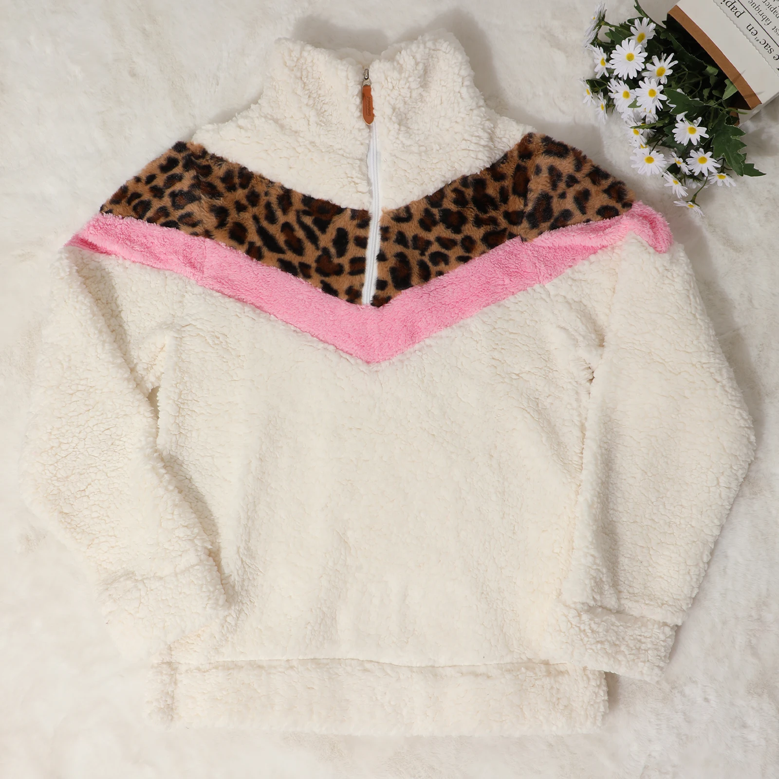 Sherpa Pullover Flauschigen Fleece-Sweatshirt Outwear Leopard Patch Frauen Kind Fuzzy Hoodie Gemütliche Übermaß Samt Jacken Mäntel