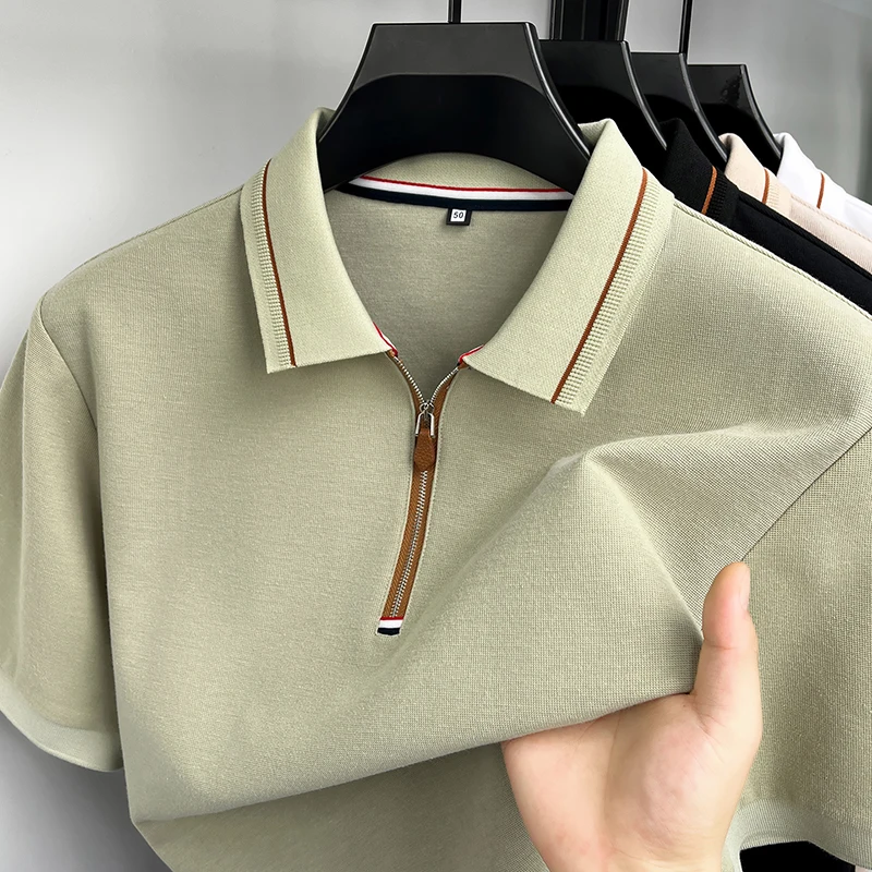 Light luxury half zipper short sleeve polo shirt new fashion men's summer soft breathable high-quality business casual T-shirt