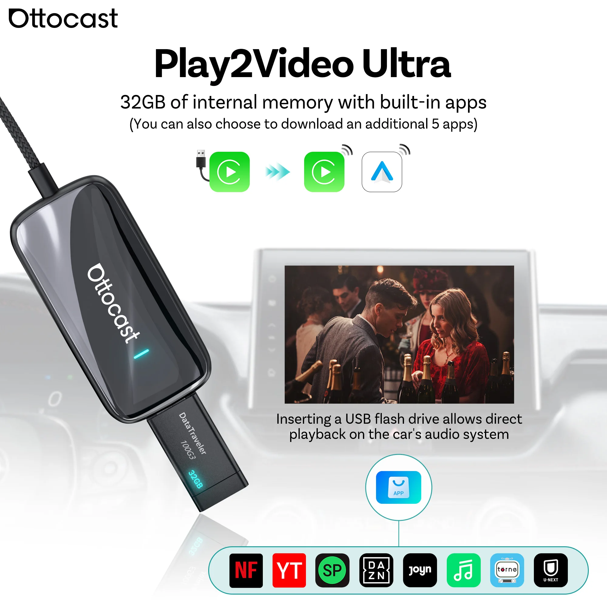 Ottocast Play2Video Ultra Boîte multimédia intelligente sans fil CarPlay pour voiture, haute résolution 1080P, YouTube avec lecture de médias locaux, portable pour VW