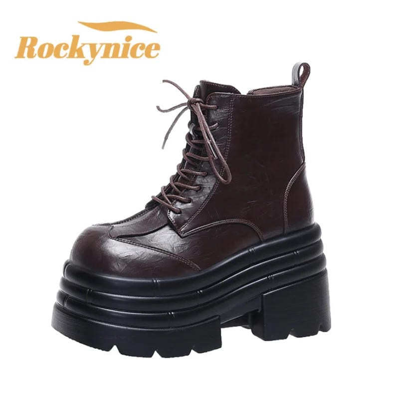 

New Women High Platform Boots Gothic Leather Punk Shoes Female Ankle Short Combat Boots 10CM Wedge Heels Chunky Motorcycle Boots