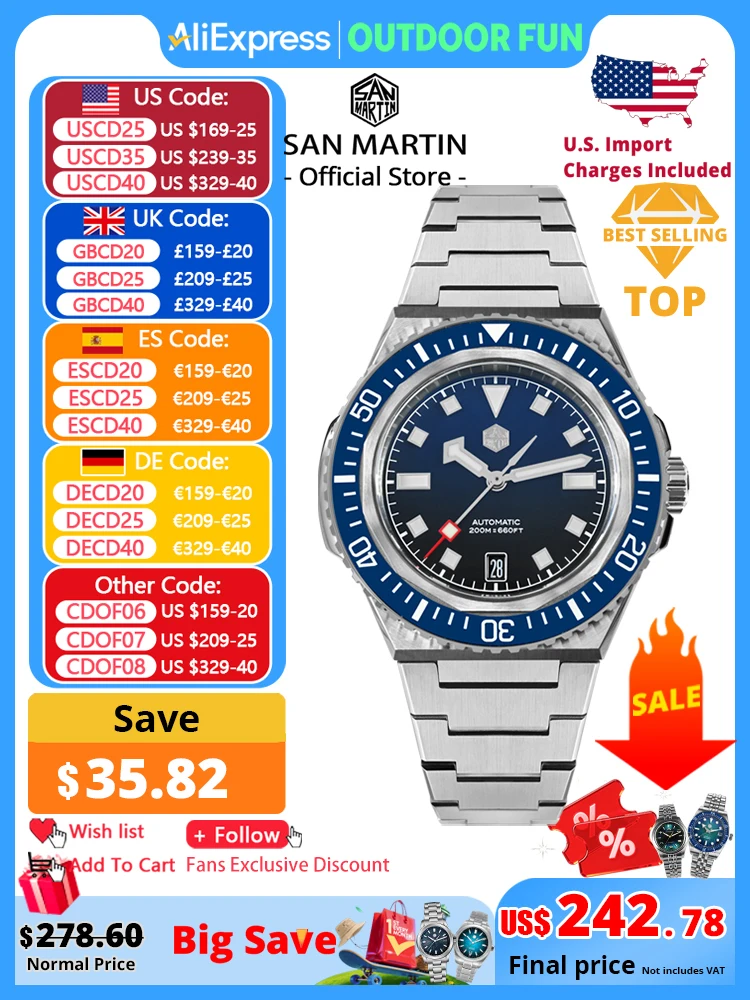 

San Martin 41 мм мужские часы для дайвинга встроенный корпус NH35 автоматические механические часы оригинальный дизайн 200 м водонепроницаемые с сапфировым стеклом SN0146