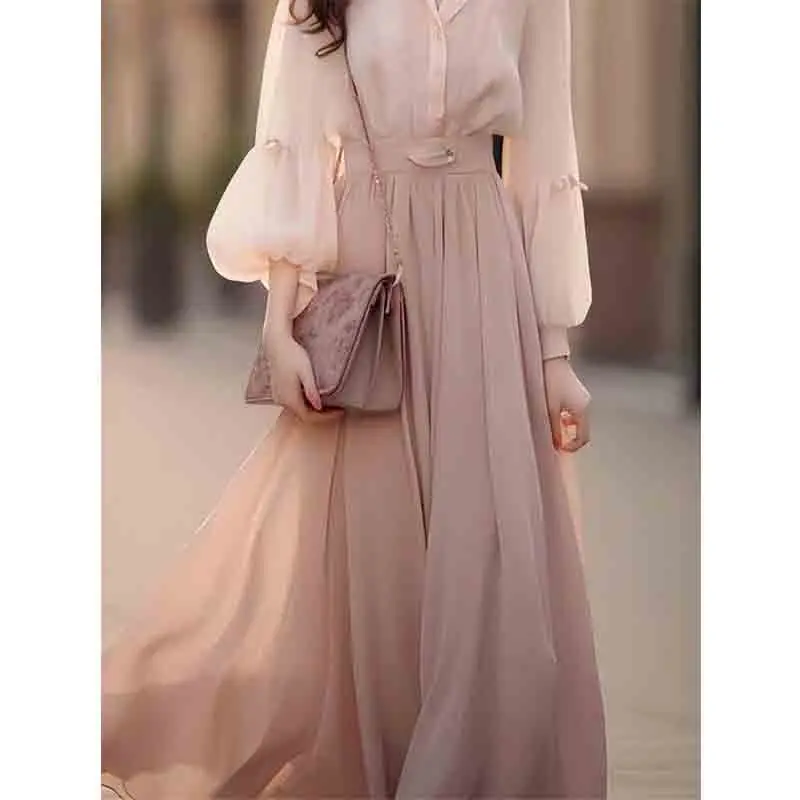 2 Piece Sweet Women Pink Chiffon Skirt Sets Spring Autumn Korean Fashion New Elegant Casual Long Sleeve Office Lady Shirt Suit