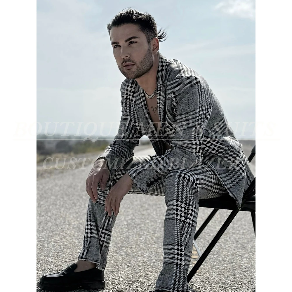 

Мужские костюмы в клетку на заказ, модные однобортные костюмы с лацканами, приталенная куртка, брюки, наряды на заказ, наряд для выпускного вечера