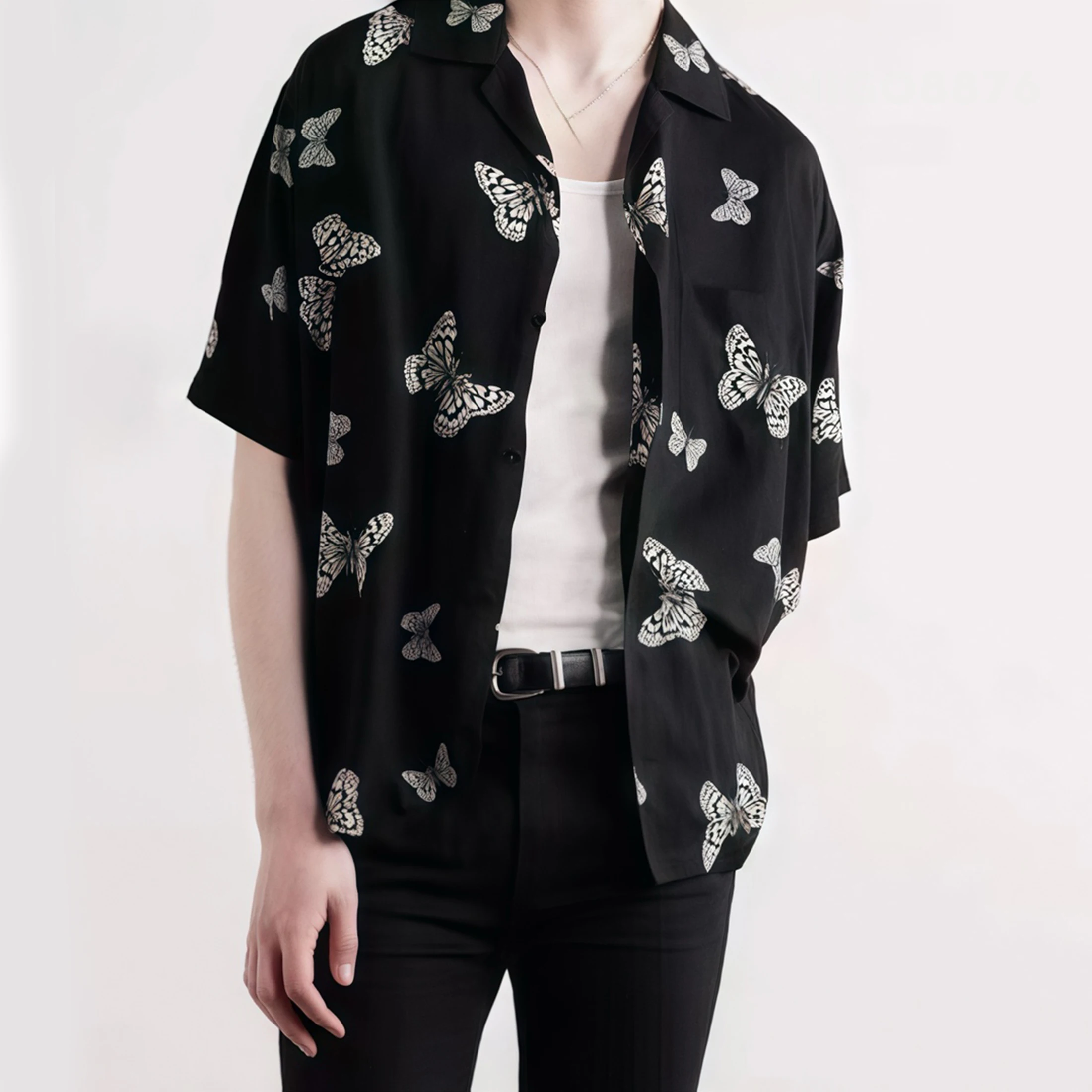 NIGO Men's Women's Spring/summer Butterfly Print Black Shirt Lapel Single Breasted Short Sleeve Top T-shirt Ngvp #nigo8923