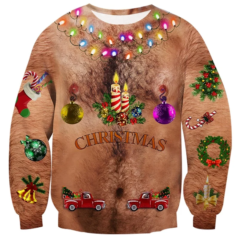 3D Print Funny Merry Christmas Round Neck Sweatshirt For Men Ugly Muscle Graphic Cosplay Pullover Hoody Xmas Gift Party Tops