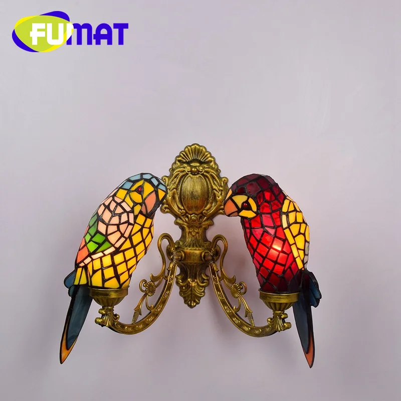 FUMAT Tiffany style stained glass vintage double head wall light Animal Red Parrot Dining room hallway balcony LED decor