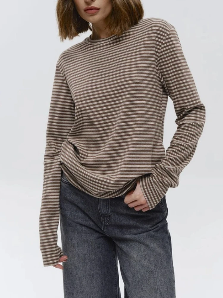 

Long-sleeved Striped T-shirt 2025 Autumn Winter Commuting Slim-fit Crew Neck Cotton Bottoming Shirt Long-sleeved T-shirt Women