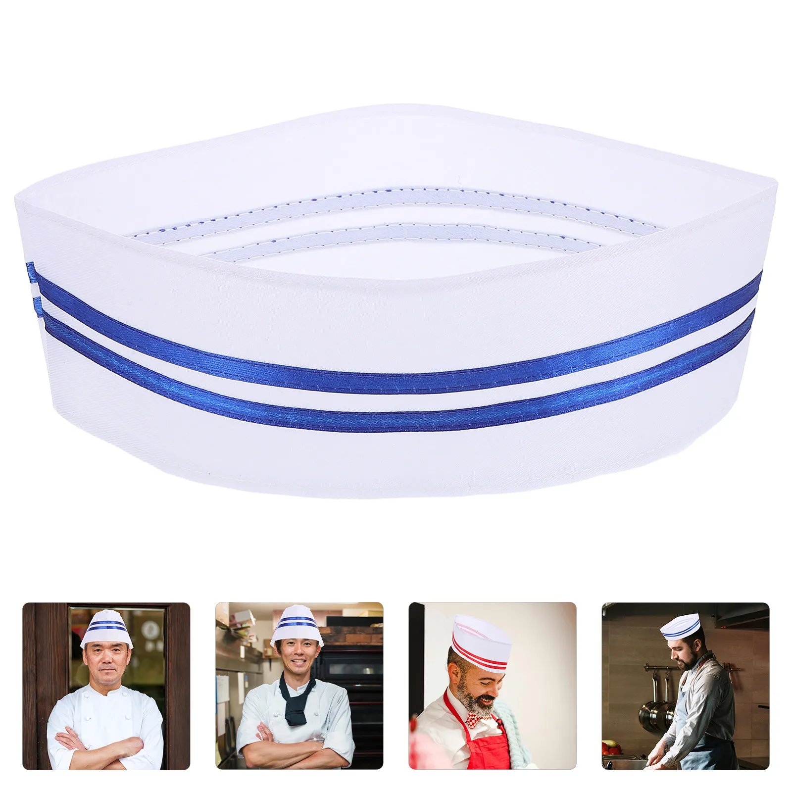 หมวกเชฟพร้อมขอบสีน้ำเงินทันสมัย หมวกทำอาหารสำหรับครัวแบบ unisex สำหรับร้านเบเกอรี่ ร้านอาหาร โรงแรม โรงงานอาหาร หมวกอบขนมสำหรับผู้ใหญ่