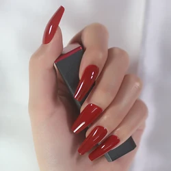 Unhas postiças longas UV com fitas adesivas, lindo, vermelho-rubi, pressione unhas postiças, bailarina do caixão, 24pcs