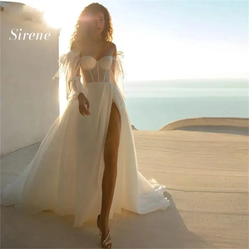 

Sirene Beach High Side Split Sweetheart Wedding Dresses White Detachable Long Puffy Sleeves Bridal Gowns Vestidos De Novia 2025