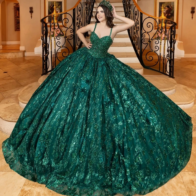 

Emerald Green Shiny Quinceanera Dresses Ball Gown Spaghetti Strap Applique Lace Beads Crystal Tull Corset Sweet 16 Dress Vestido