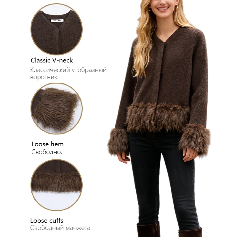 معطف للسيدات مع حاشية قطيفة من الفرو الصناعي معطف محبوك بصدر واحد للخريف والشتاء معطف متعدد الاستخدامات على الموضة اليومية #6