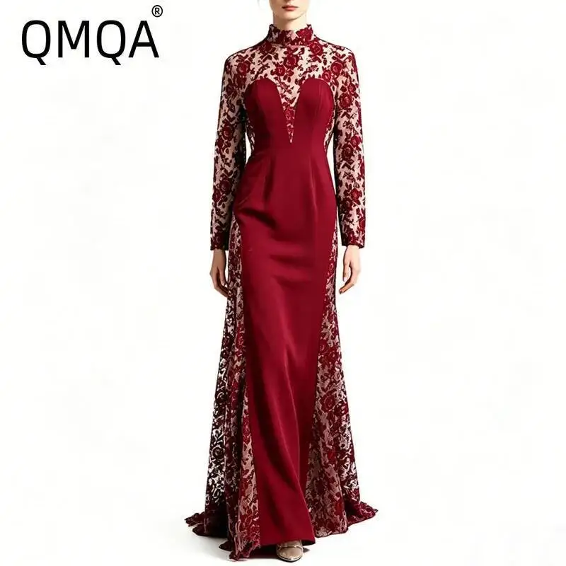 QMQA Fashion Women's Elegant Evening Dress Mesh Embroidery Patchwork High Waist Slimming Banquet Dresses 2026 Female New QM1265
