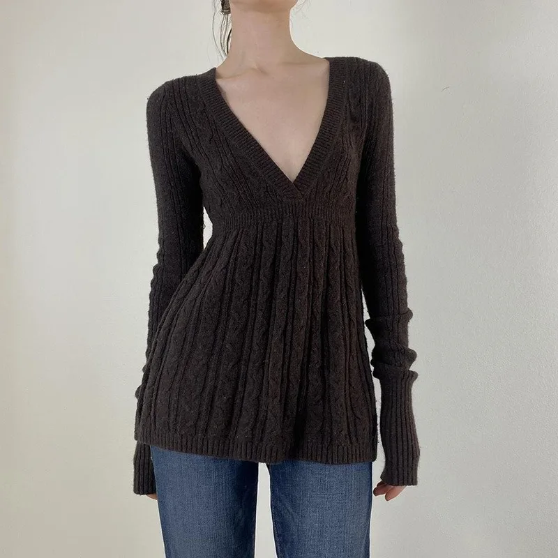 بلوزة صوفية ملتوية للنساء، سترة محبوكة، رقبة على شكل حرف V منخفضة القطع، أكمام طويلة، طراز قديم، مريح، نمط كاجوال، جديد