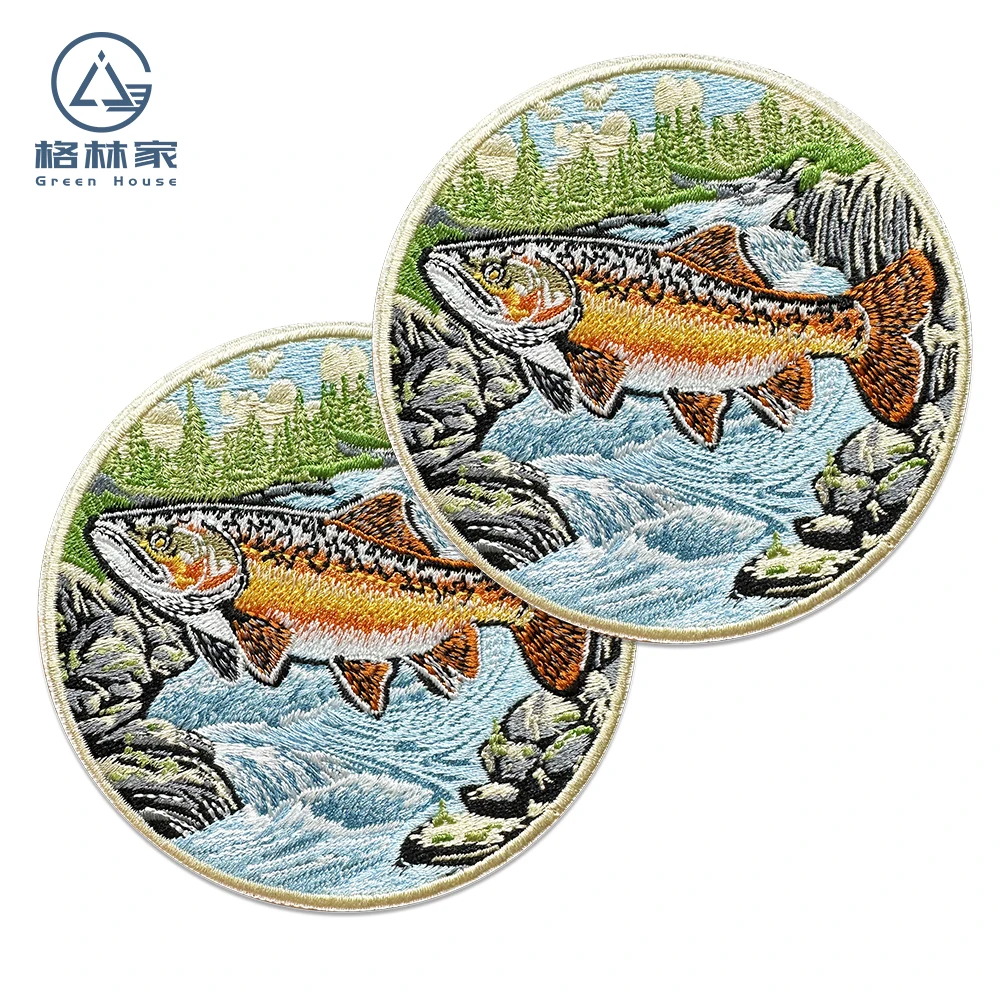 Trout Embroidery Patches for Clothing Sewing Accessories Mountains and Rivers Fish Jump in Nature Between Streams Iron on DIY