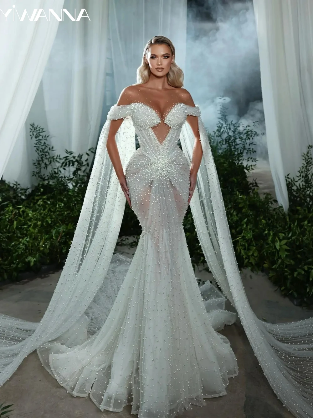 

Sexy Illusion Off The Shoulder Bridal Dress Sparkly Pearls Wedding Gown 2024 Luxury Mermaid Long Bride Robe Vestido De Novia