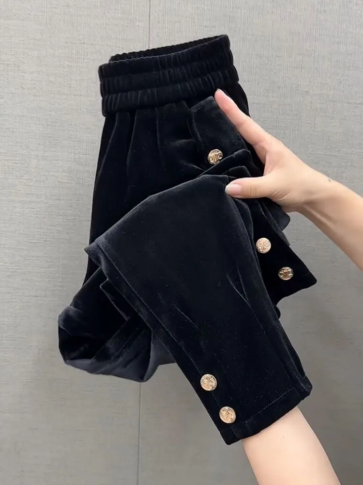 

2024 Autumn Winter Plus Velvet Leg-Binding Pants Women New Fashion Casual Pants Female High Waist Black Brown Button Pants