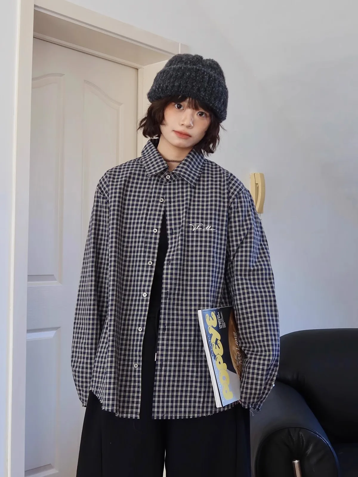 

Loose Long Sve Plaid irt Men Women Retro Japanese Sle Spring Autumn New Arrival Lazy Feel Casual irt Youth Trend