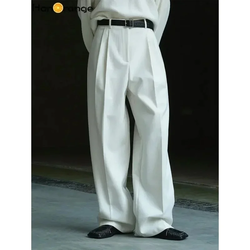 2024 Autumn Winter Simple High Waist Double Pleated Wide Leg Pants Women Loose Casual Trousers Female White/Brown