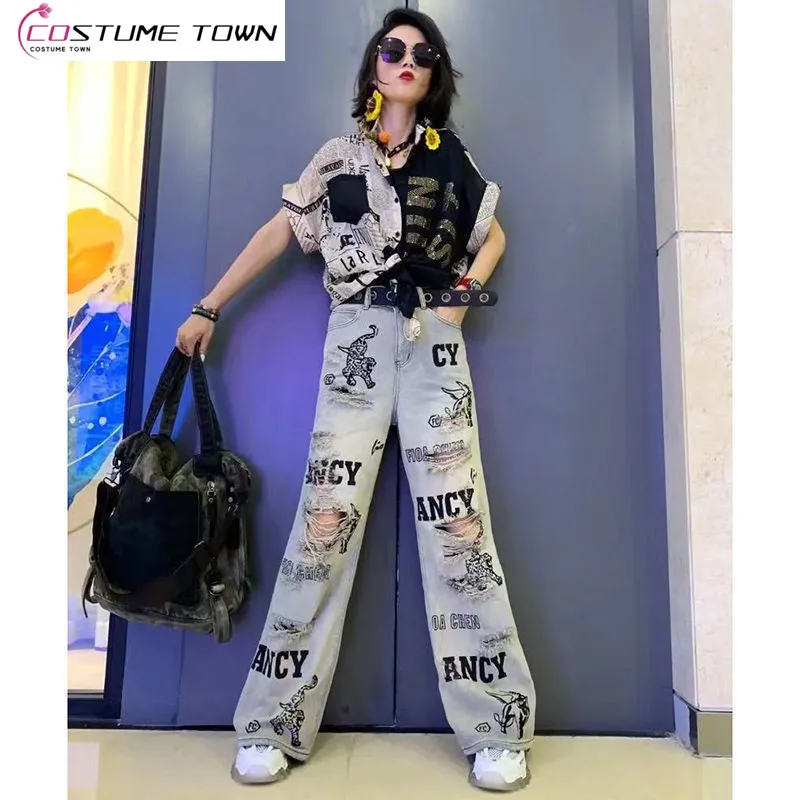 2023 Spring/Summer New Loose and Versatile Personalized Print Hot Diamond Shirt Women's Fashion Old Worn Hole Jeans