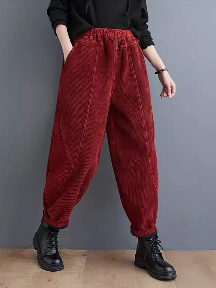 Pantalones informales de pana para mujer, pantalón grueso y cálido de terciopelo, bombacho de gran tamaño, acolchado de algodón, de pierna ancha, novedad de 2024