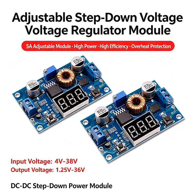 DC-DC Adjustable Step-Down Regulated Power Supply Module: 24V to 12/5V, 5A High-Power Step-Down Converter