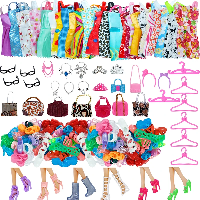 Random 1 Set Doll Accessories for Barbie Doll Shoes Boots Mini Dress Handbags Crown Hangers Glasses Doll Clothes Kids Toys 12\'\'