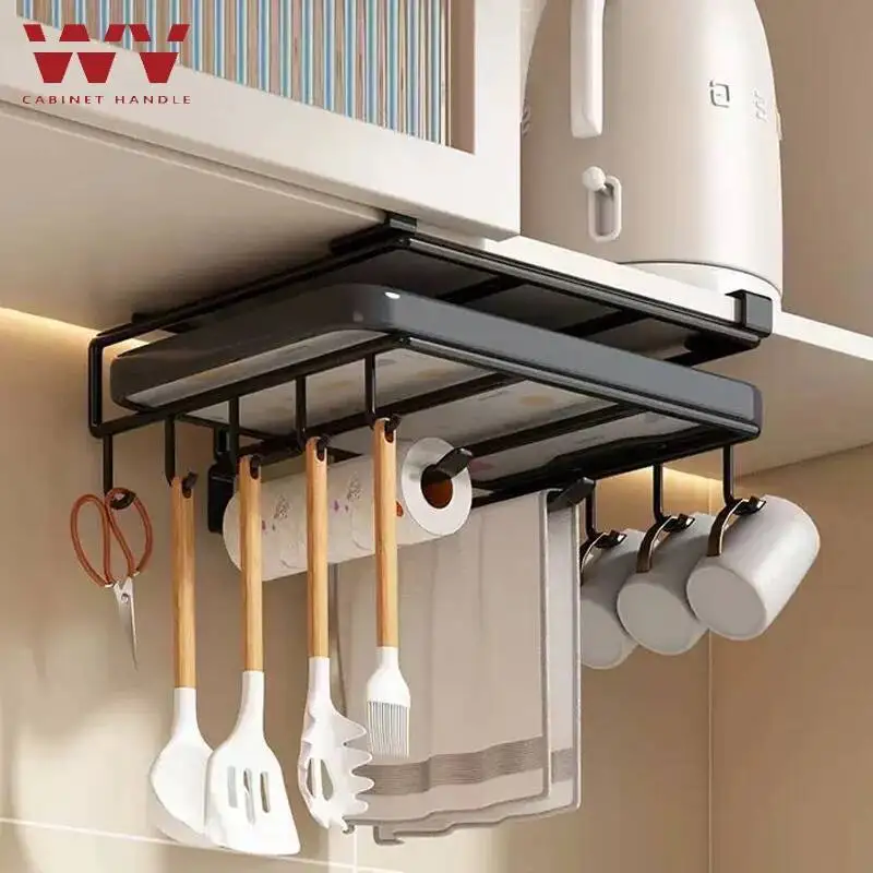 

WV Kitchen Under Cupboard Hanging Organizer Rack With Hook Paper Towel Rags Hanger Cutting Board Pot Cover Holder Storage Shelf