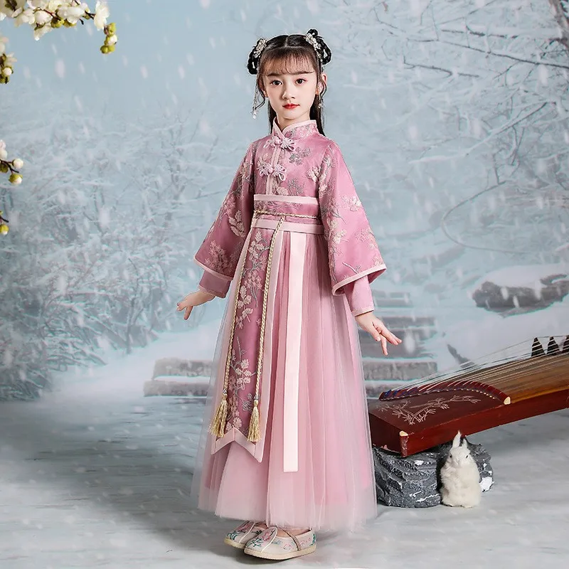 2023 New Embroider Hanfu Cloak Kids Vintage Chinese Perform Fairy Dress Gown Girls Prom Formal Birthday Christmas Gift Cosplay