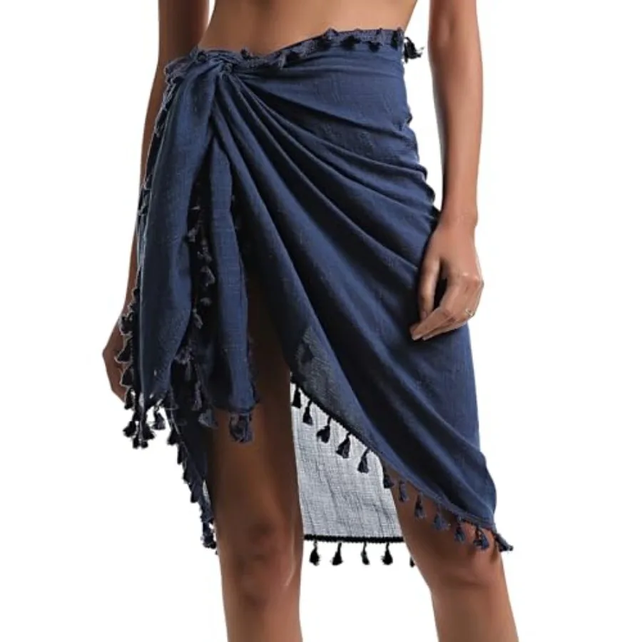 

Eicolorte Beach Sarong Pareo Womens Semi-Sheer Swimwear Cover Ups Short Skirt with Tassels