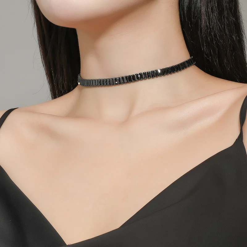 FYUAN Simple Black Zircon Crystal Choker Necklaces for Women High Quality Geometric Chain Necklaces Fashion Jewelry