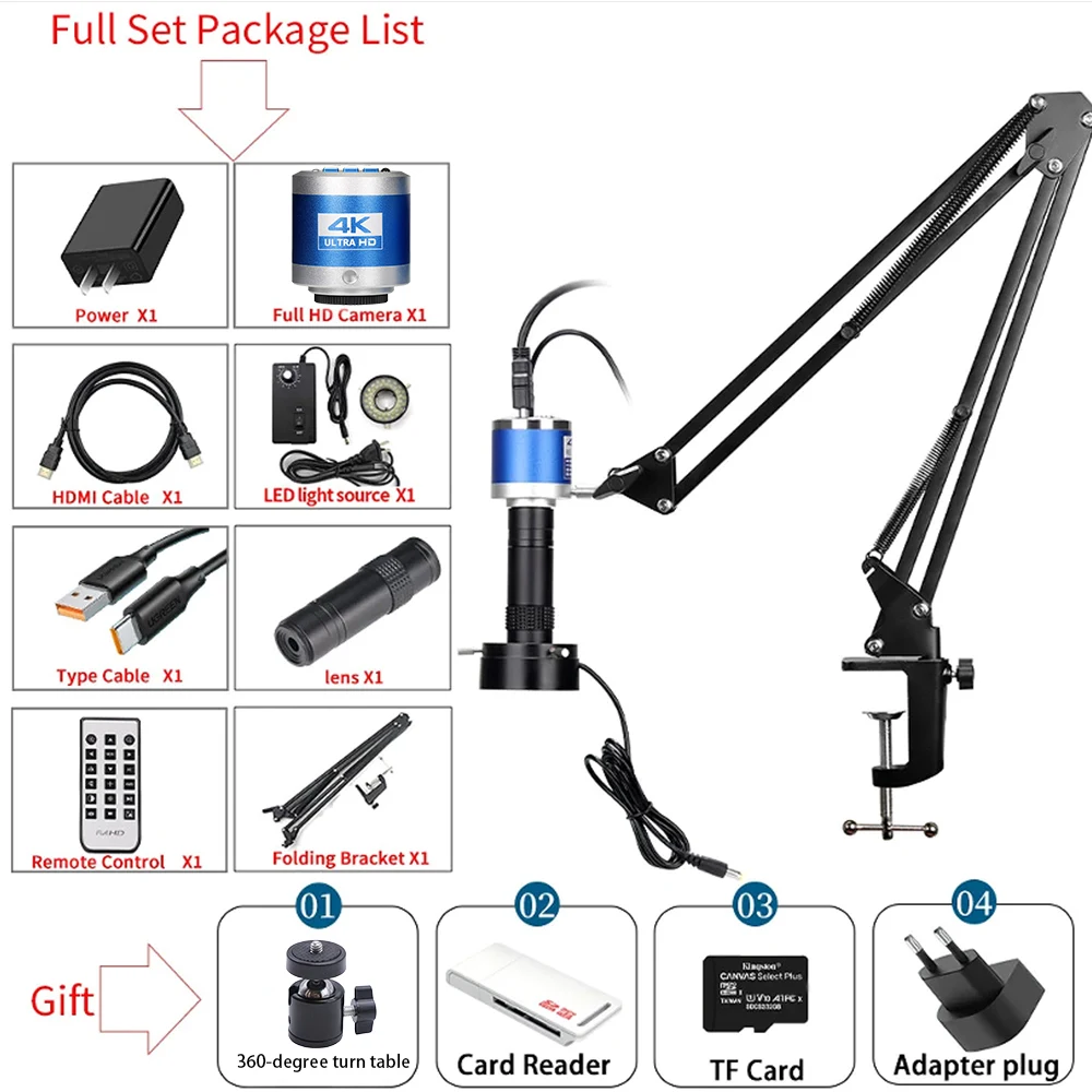 150X Full HD Camera 4K/HDMI Port Industrial Microscope Adjustable Metal Arm Stand Bracket For PCB Soldering Phone Repair