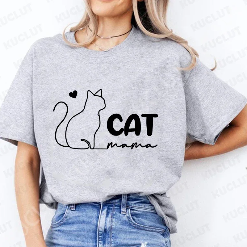 Fashion Casual Clothes Short Sleeve Top for Summer Clothing Cat Mama Print T-shirt Mom Tee T-shirts Fashion Women's Clothing