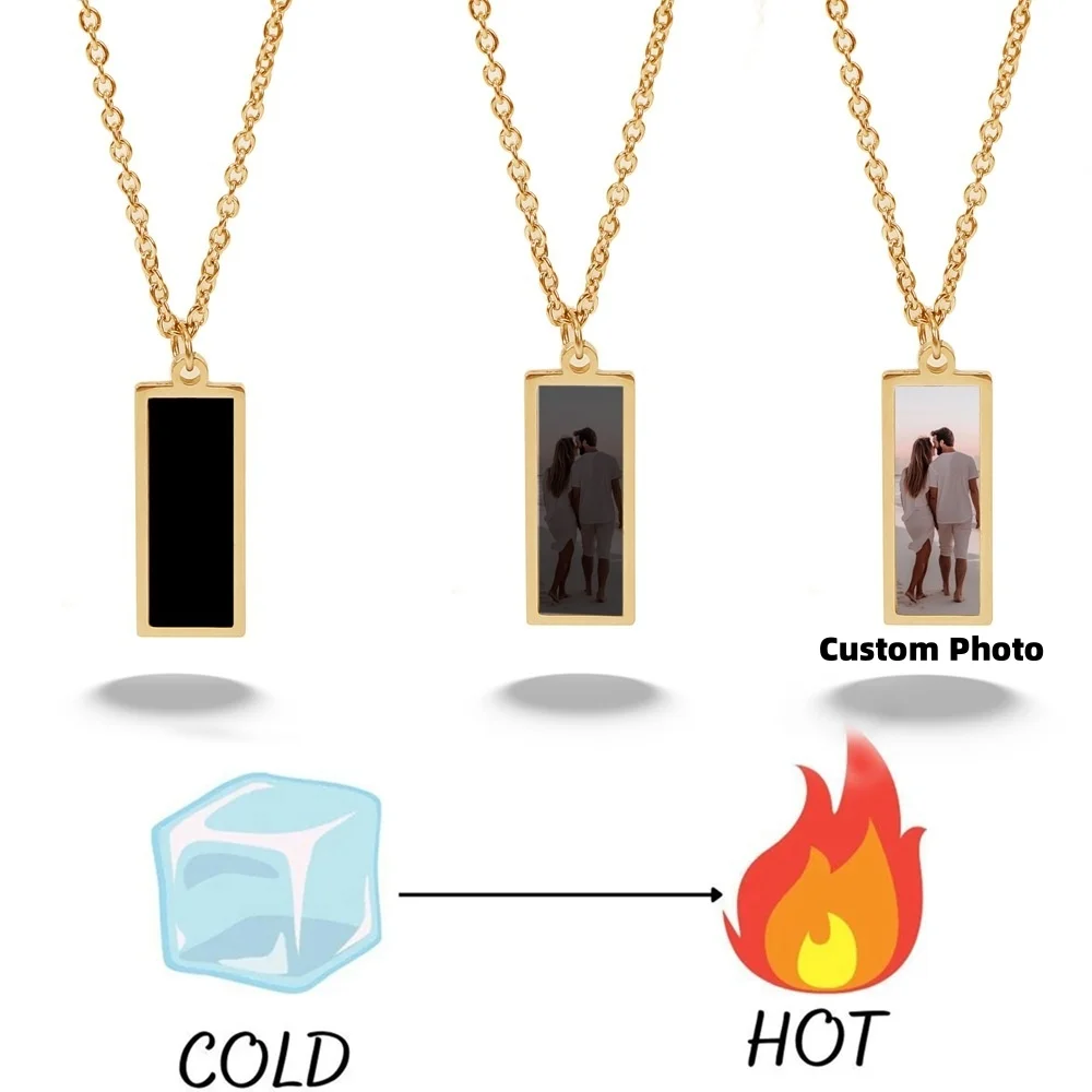 Custom Photo Necklace with Hidden Personalized Picture Heat Activated Magic Rectangle Pendant Necklace Women Man Jewelry