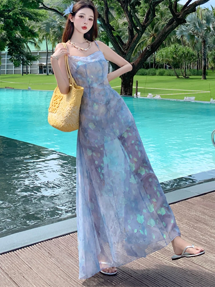 

2025 New Print Chiffon Square Collar Sling Sexy Long Dress Women Elegant Casual Holiday Dress Summer Korean Bodycon Party Dress